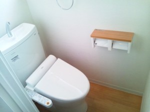 ホワイトのドア、便器、幅木、窓枠。 土間排水は撤去して、廊下との床の段差をなくしてバリアフリーです。